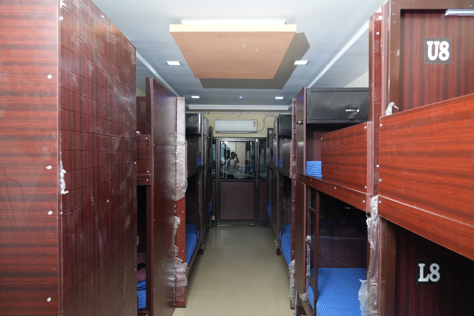 Bunk beds inside a Sharma Dormitory hall